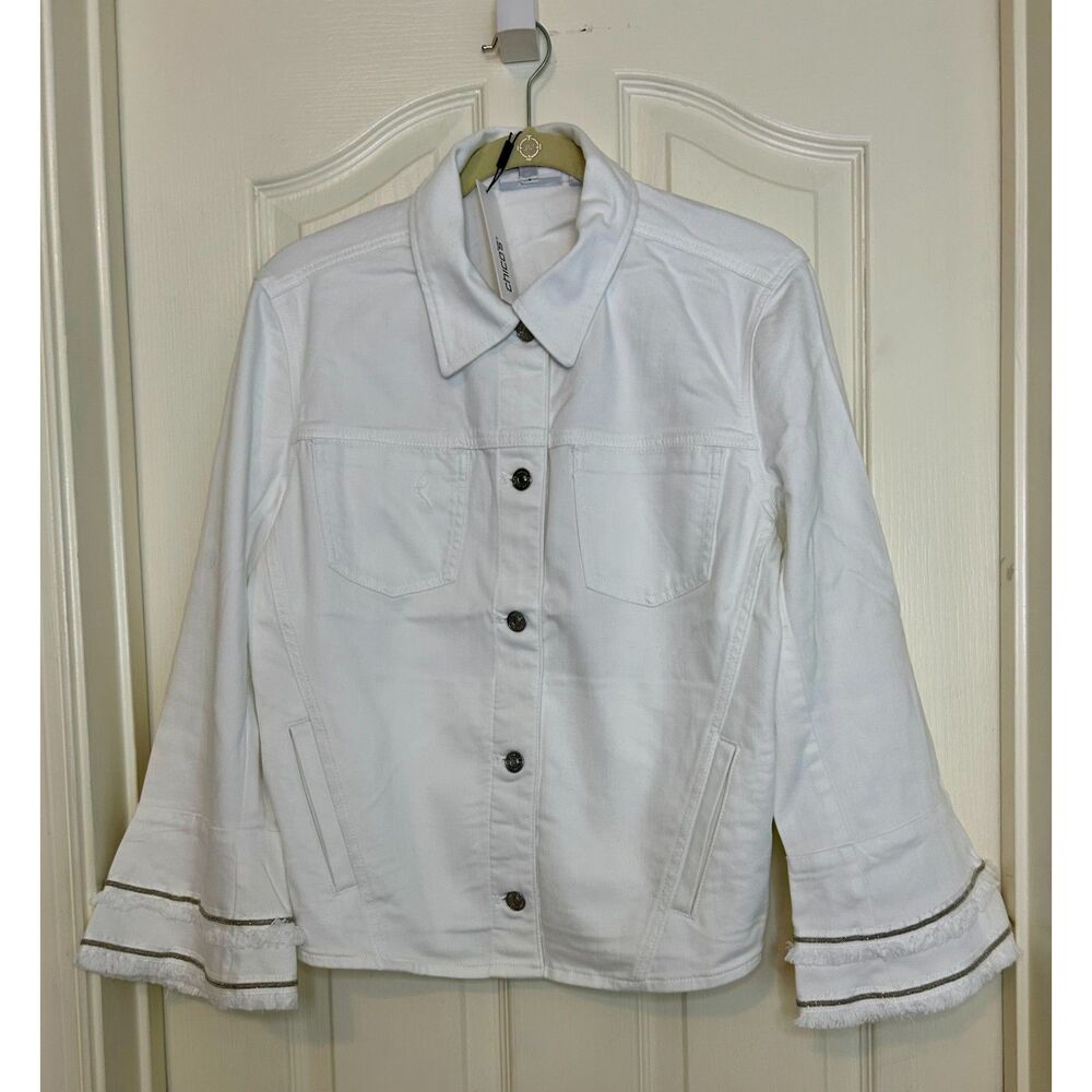 Chicos Sz 2 Large White Denim Bell-Sleeve Jacket NWT